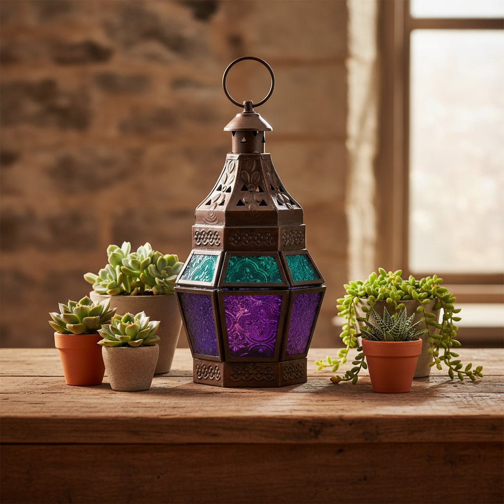 turquoise and purple glass guide lantern