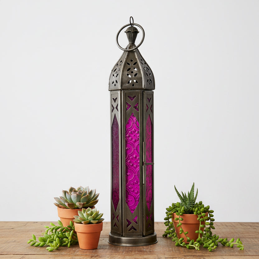 pink and clear glass tower lantern