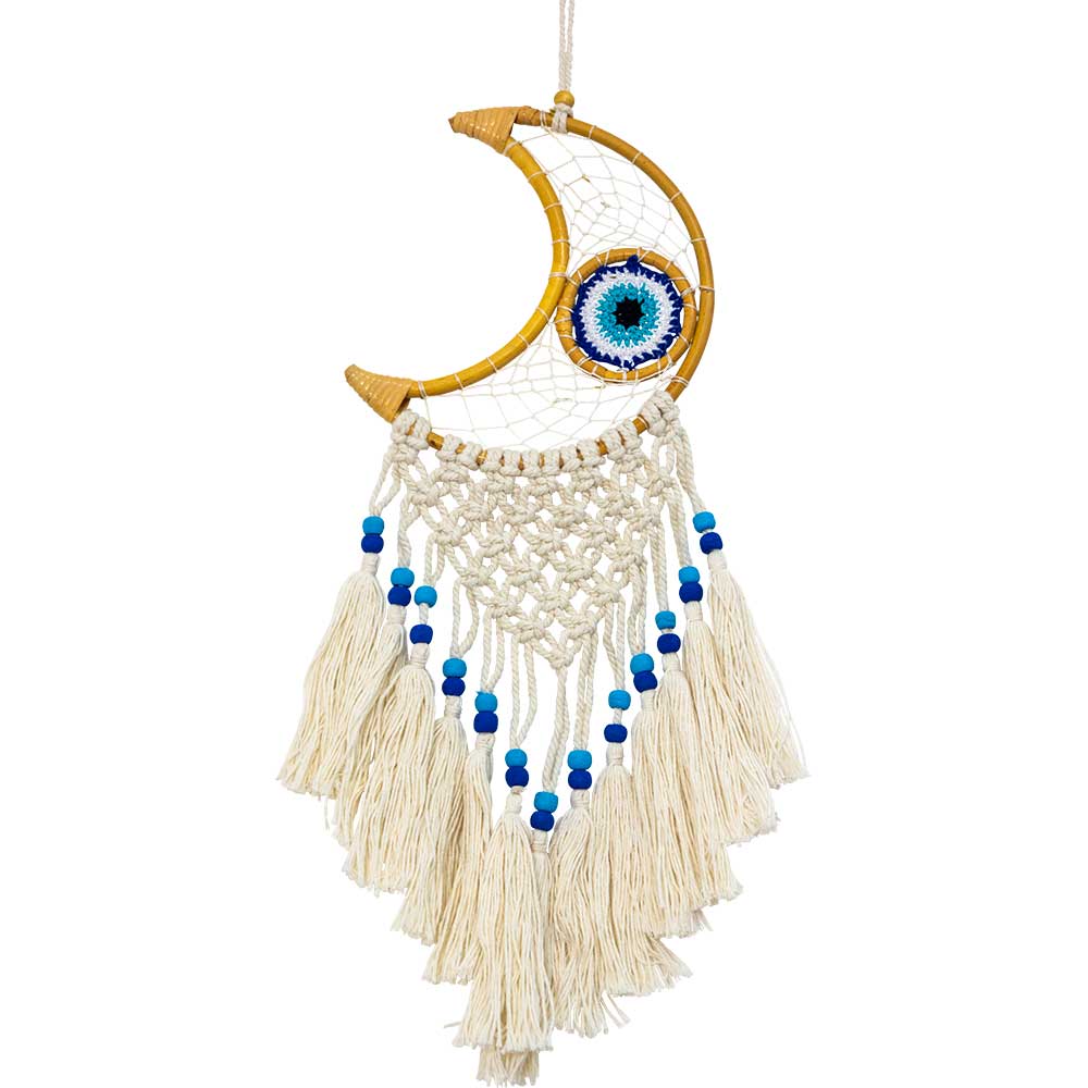 crescent moon macrame dreamcatcher with woven evil eye