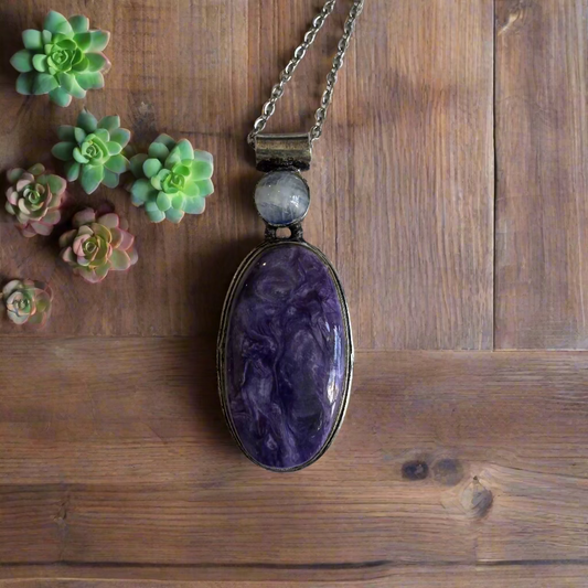 charoite and rainbow moonstone pendant on silver chain