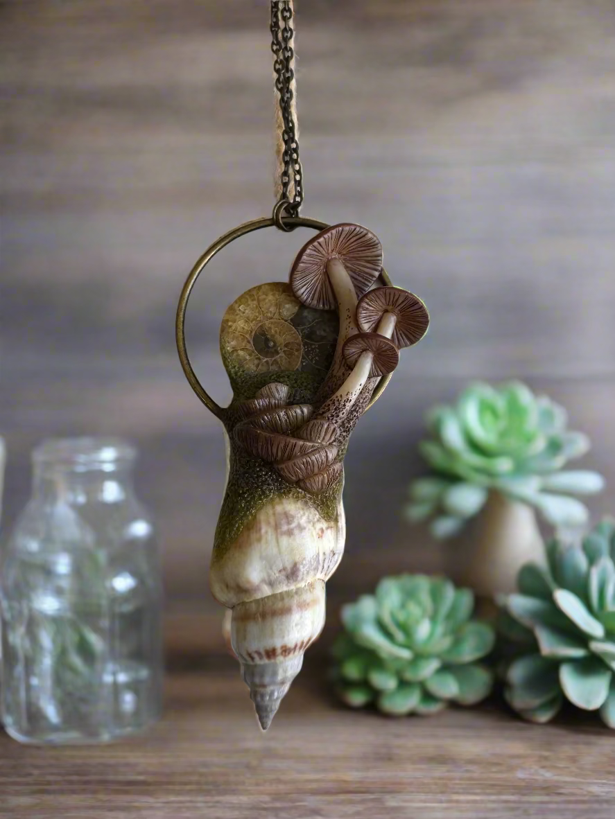 handmade polymer tiny mushroom cluster and ammonite necklace