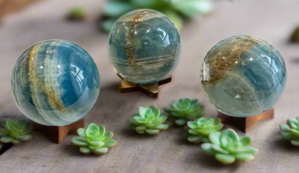 Lemurian aquatine calcite spheres