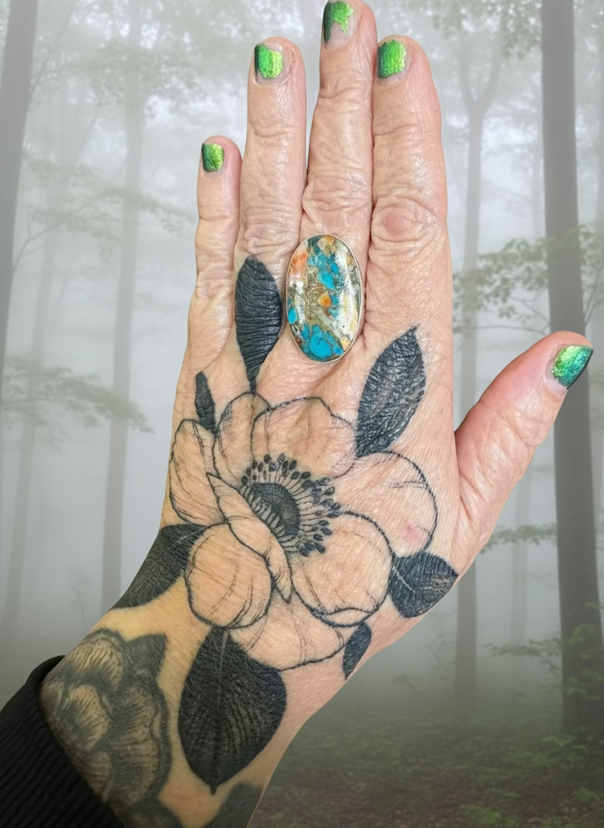 oyster copper turquoise ring in sterling silver (size 9)