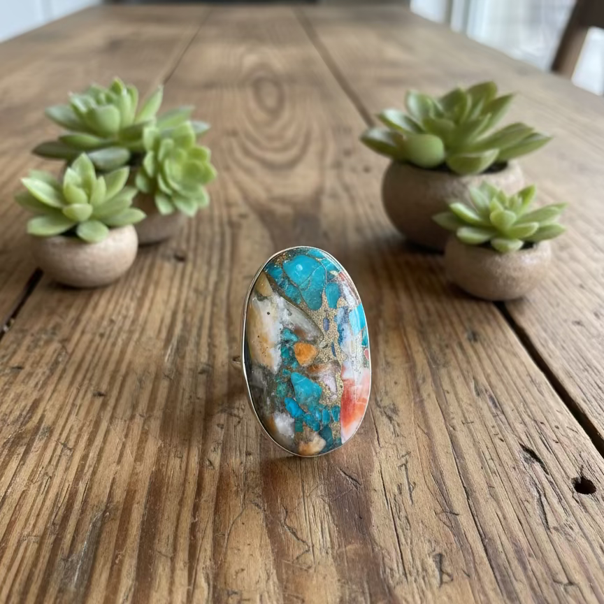 oyster copper turquoise ring in sterling silver (size 9)