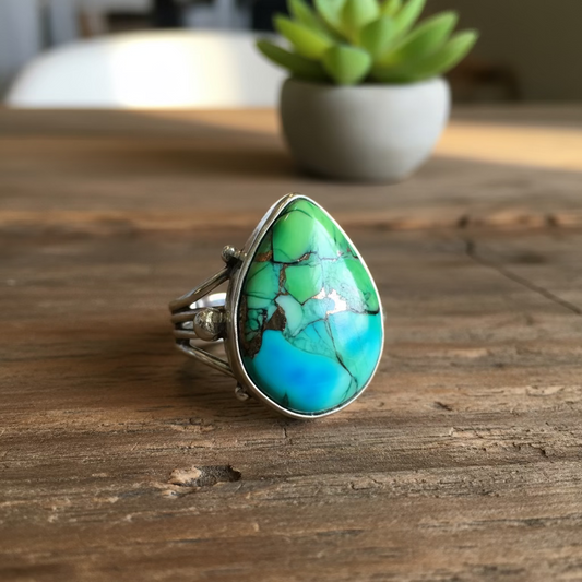 kingman blue/green copper turquoise ring in sterling silver (size 8)