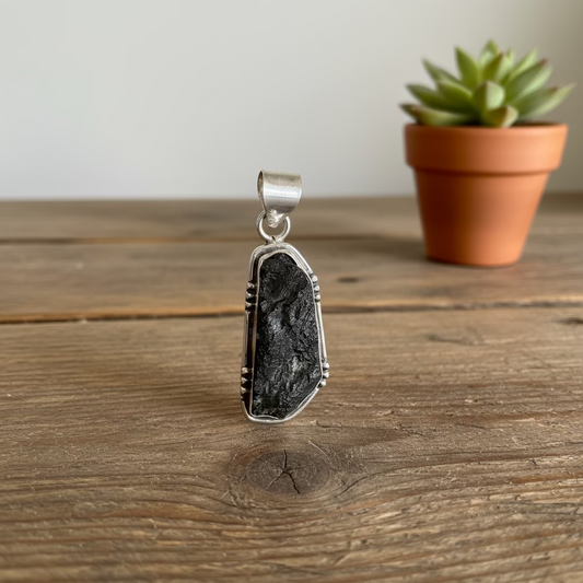 moldavite pendant in sterling silver