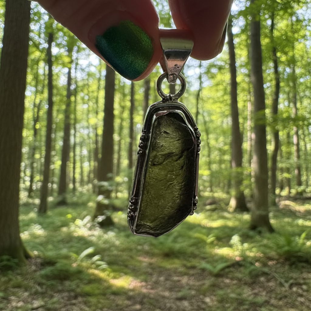 moldavite pendant in sterling silver