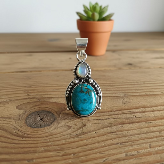 Tibetan turquoise and moonstone pendant in sterling silver