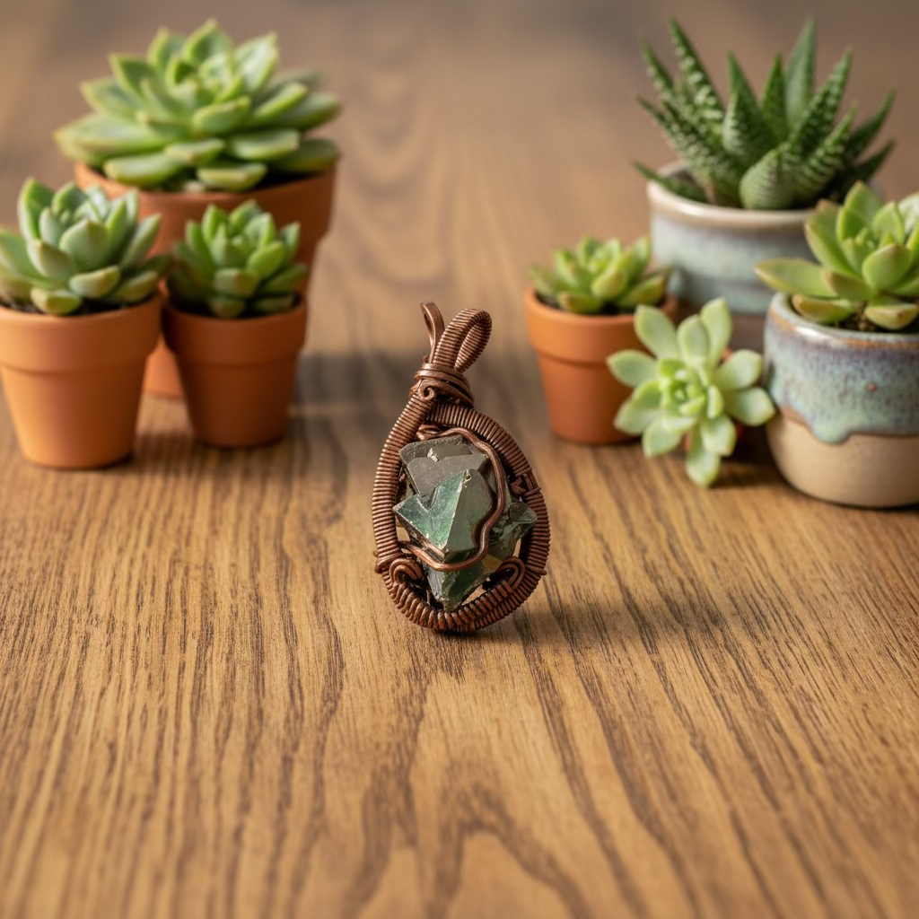 handmade copper-wrapped pyrite pendant