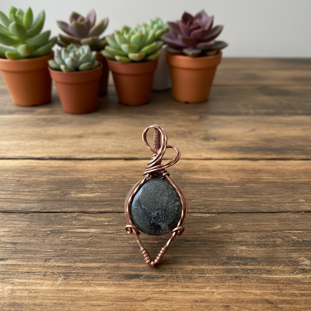 handmade copper-wrapped pyrite in quartz pendant