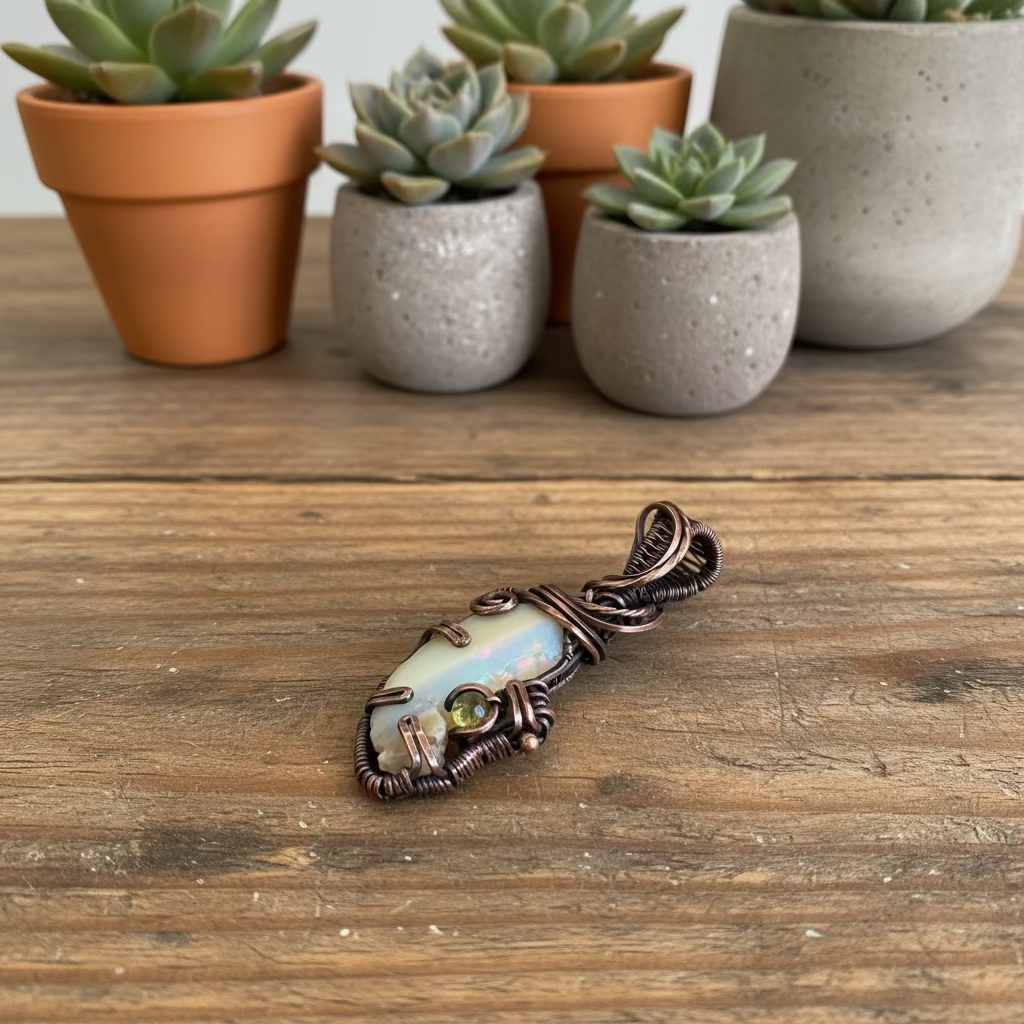handmade copper-wrapped raw opal pendant with peridot