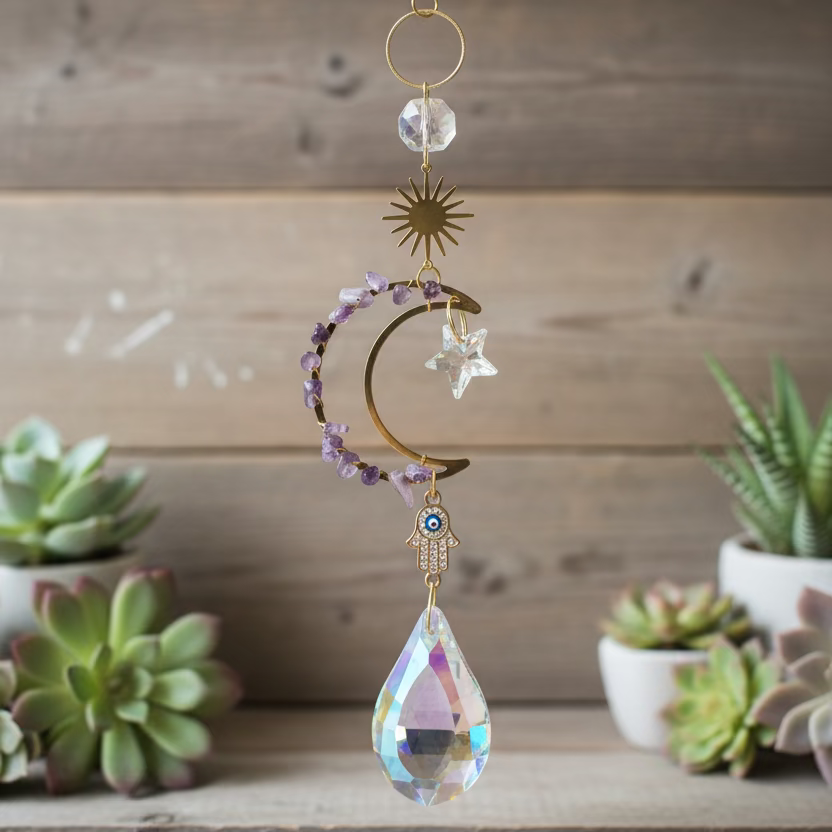 amethyst hamsa moon sun catcher