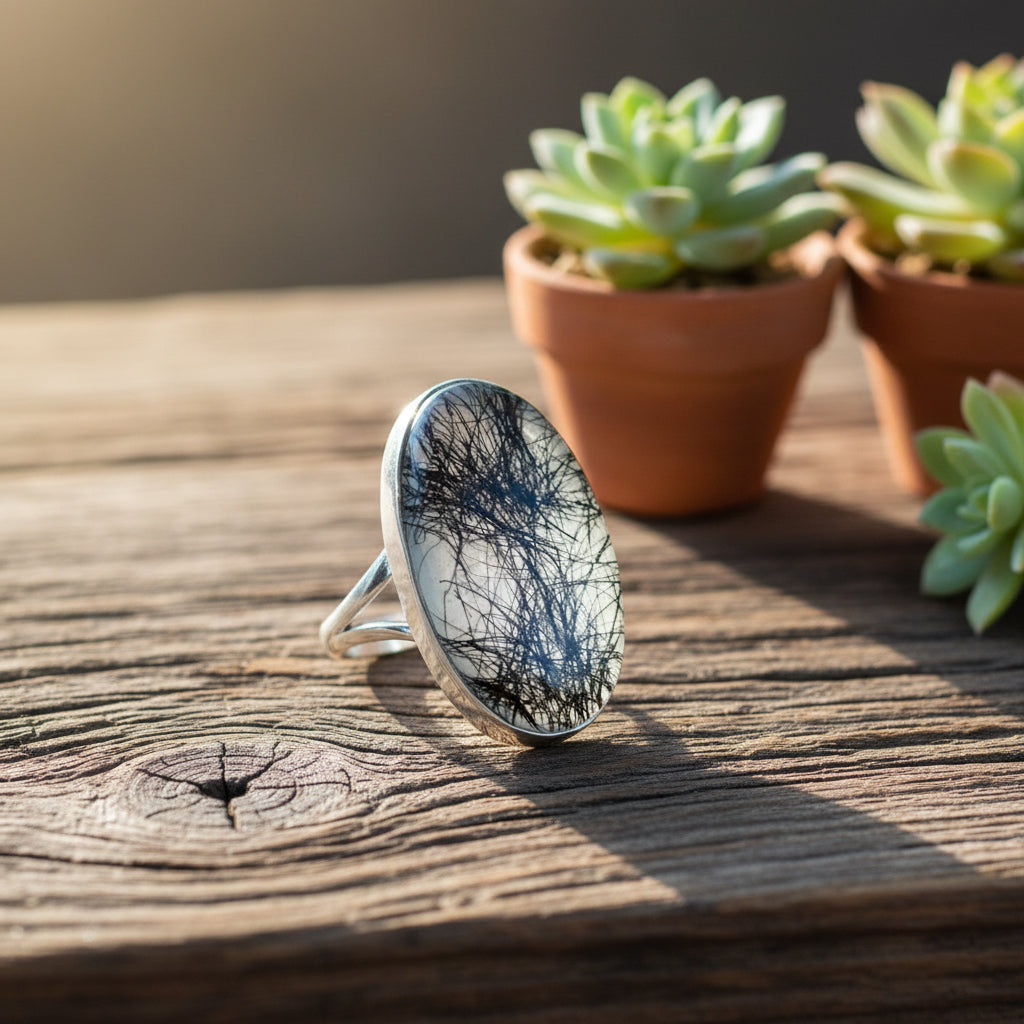 sterling silver ring with black rutile in quartz stone
