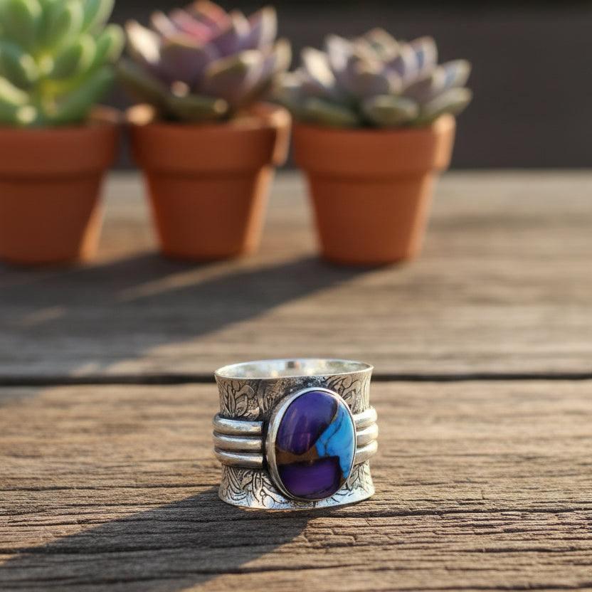 purple copper turquoise ring in sterling silver