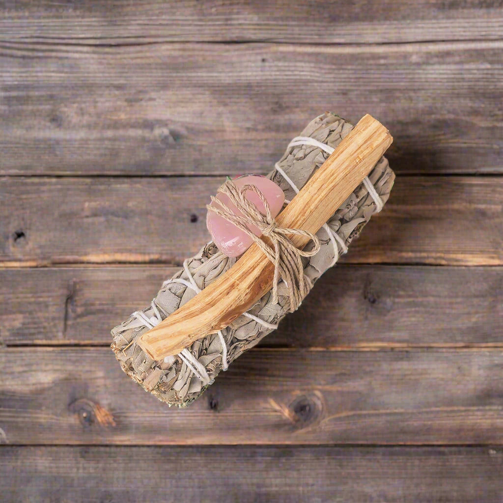 white sage, rose quartz, palo santo bundle