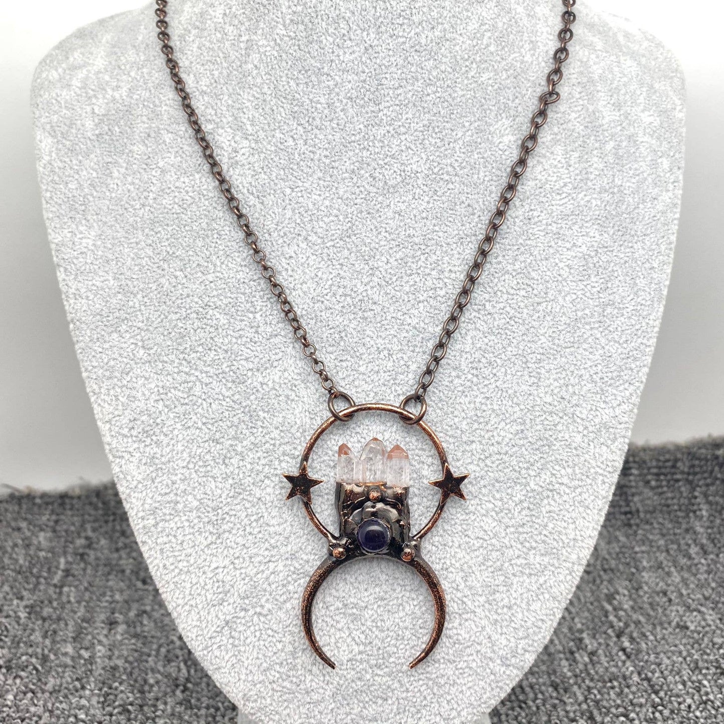 amethyst & clear quartz points celestial pendant necklace