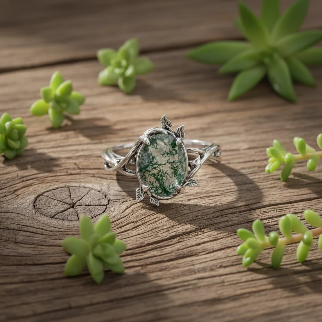 moss agate leaf ring in sterling silver