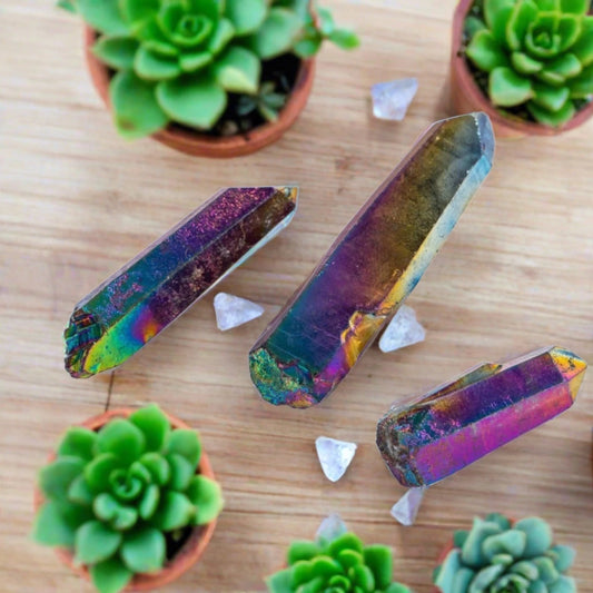 rainbow aura quartz points and clusters