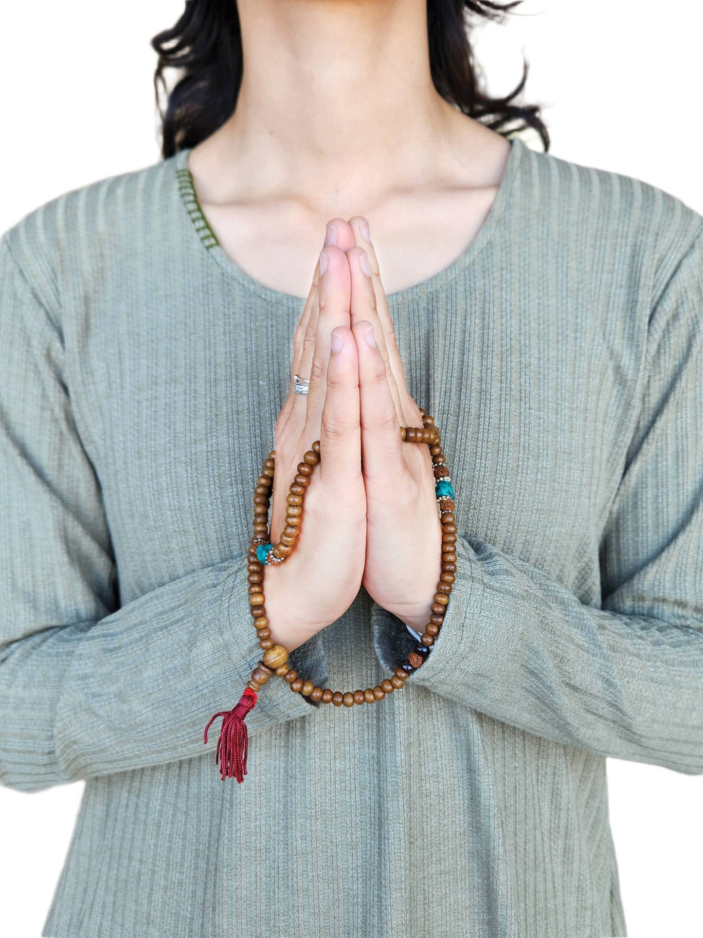 mala with Bodhi seed beads and green accents