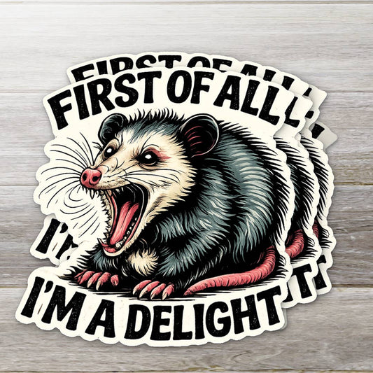 First of All I’m a Delight Funny Possum Vinyl Sticker
