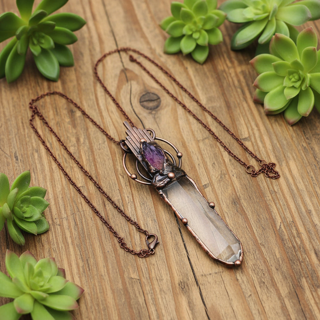 crystal point pendant with amethyst in copper