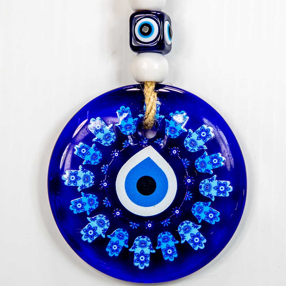 glass evil eye wall hanging talisman with hamsa hands