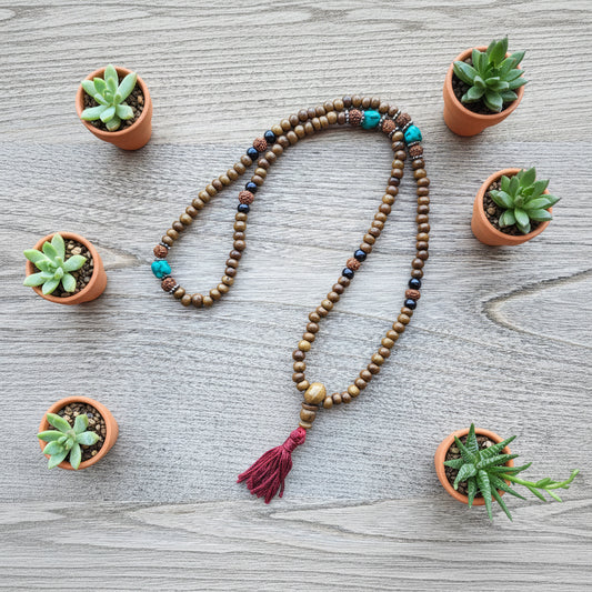 mala with Bodhi seed beads and green accents