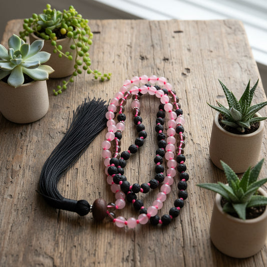 mala with rose quartz, smoky quartz, and lava stone