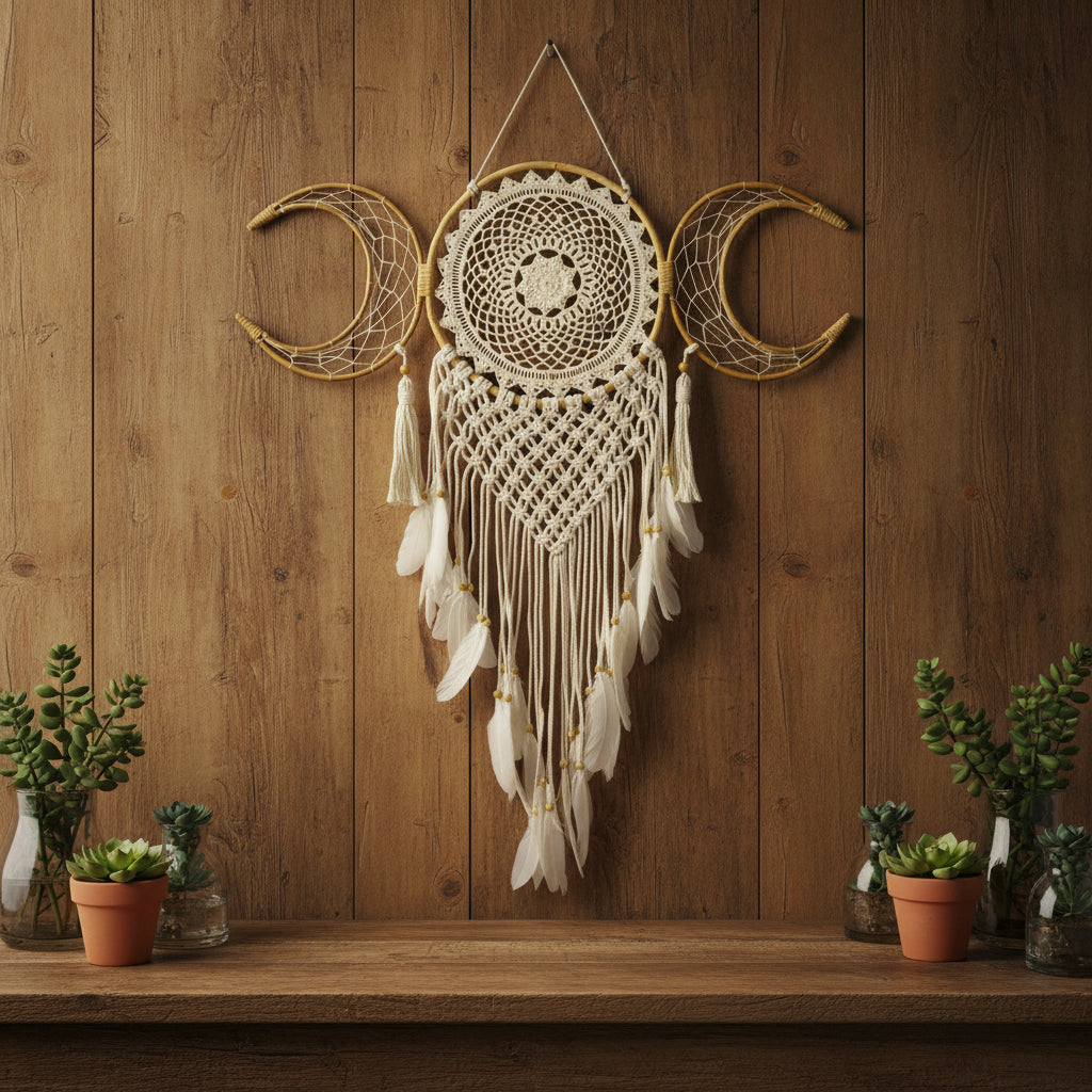 triple moon dreamcatcher macrame wall-hanging
