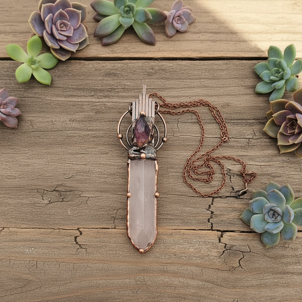 crystal point pendant with amethyst in copper