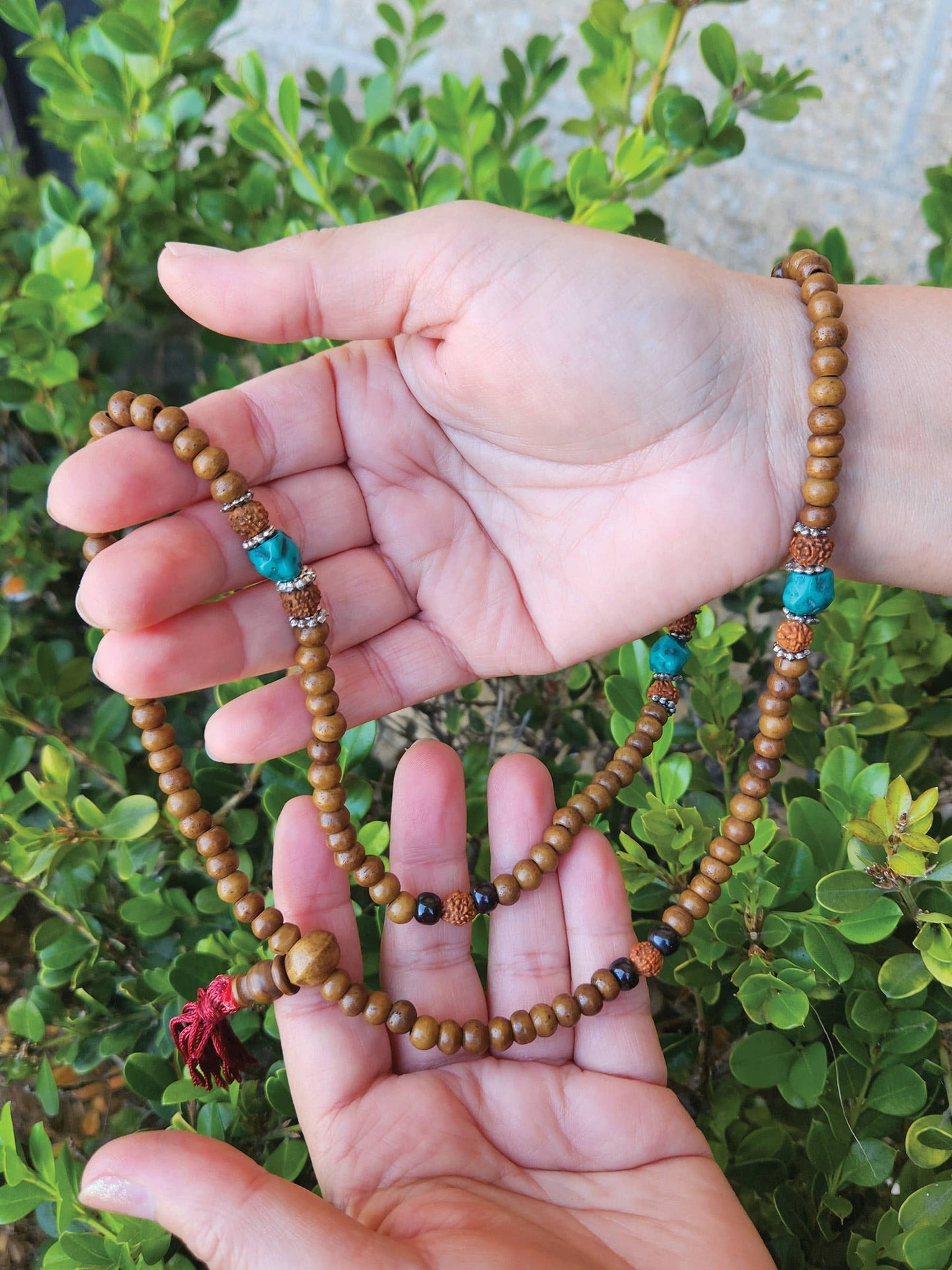 mala with Bodhi seed beads and green accents