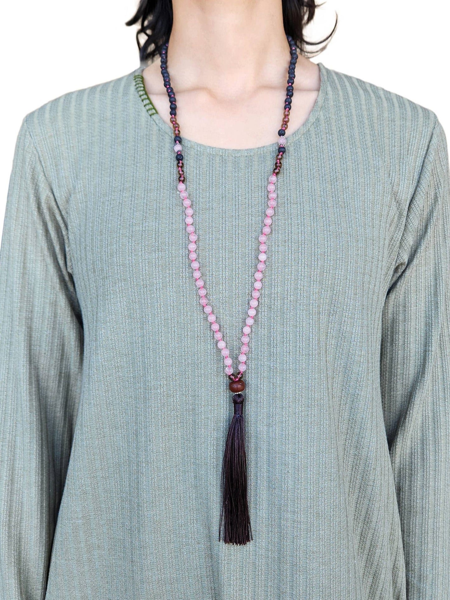 mala with rose quartz, smoky quartz, and lava stone
