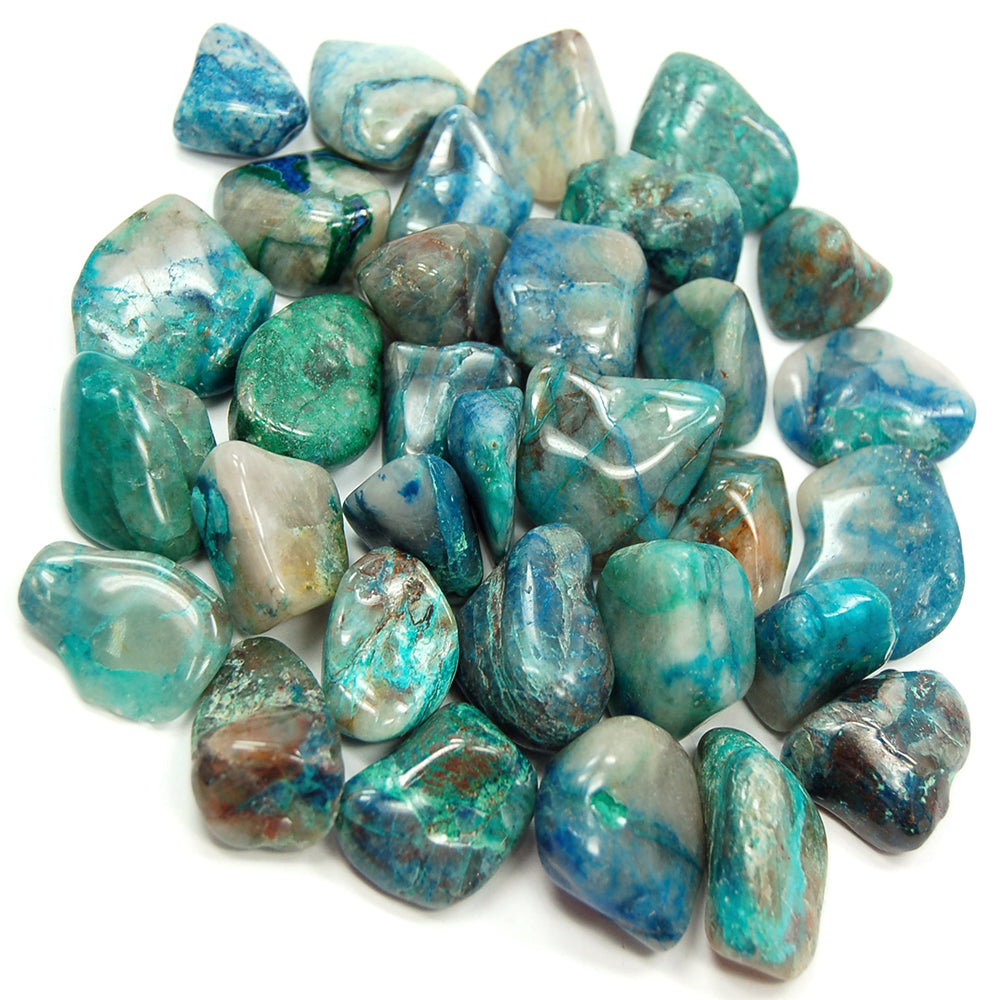 chrysocolla in quartz tumbles