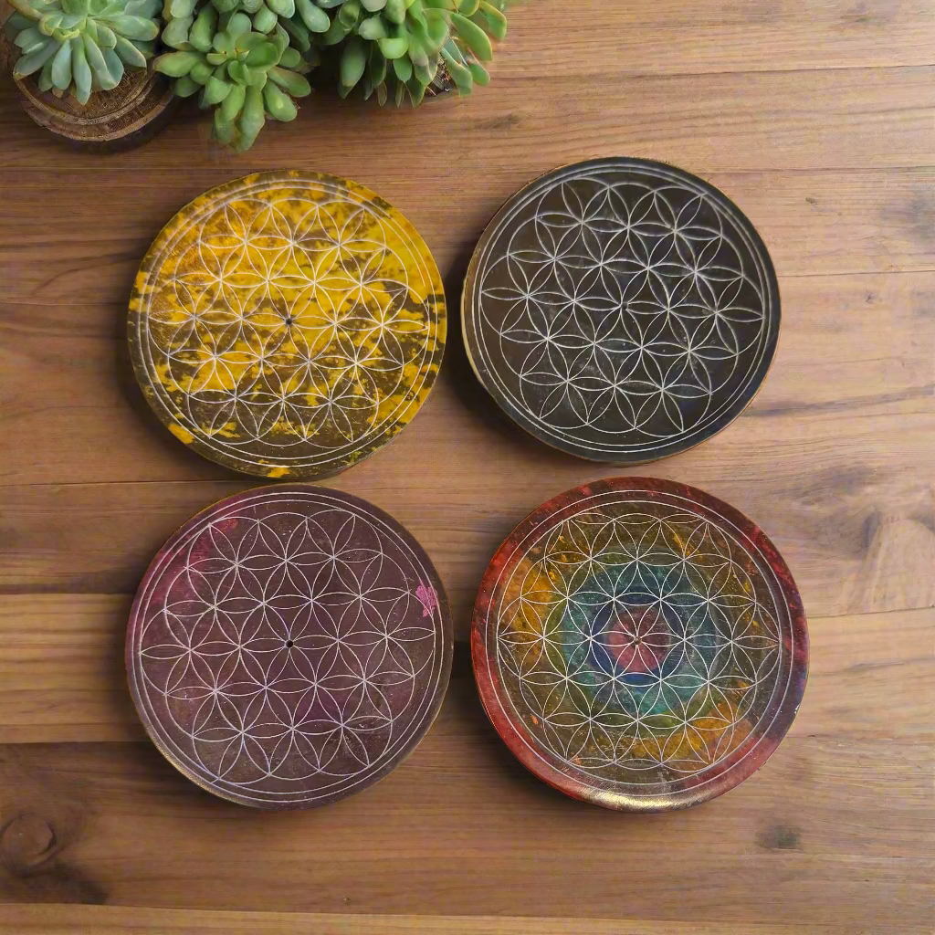 soapstone incense burner with flower of life carving