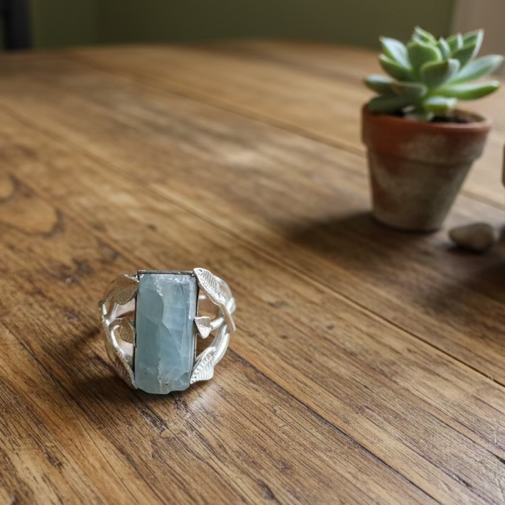 raw aquamarine ring in sterling silver