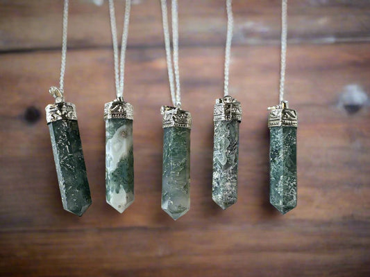 moss agate point pendants