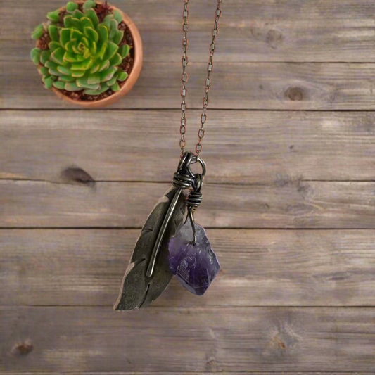 handmade amethyst point with silver feather on silver chain