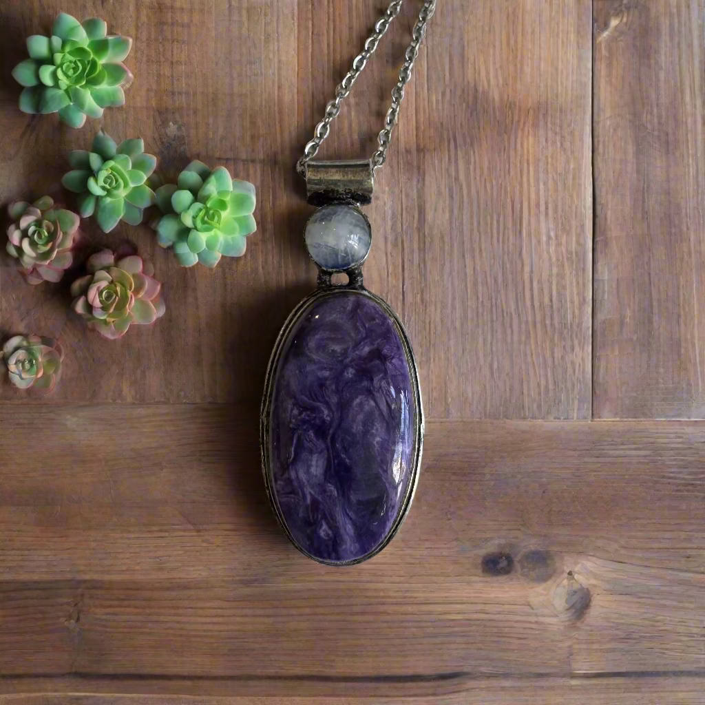 charoite and rainbow moonstone pendant on silver chain