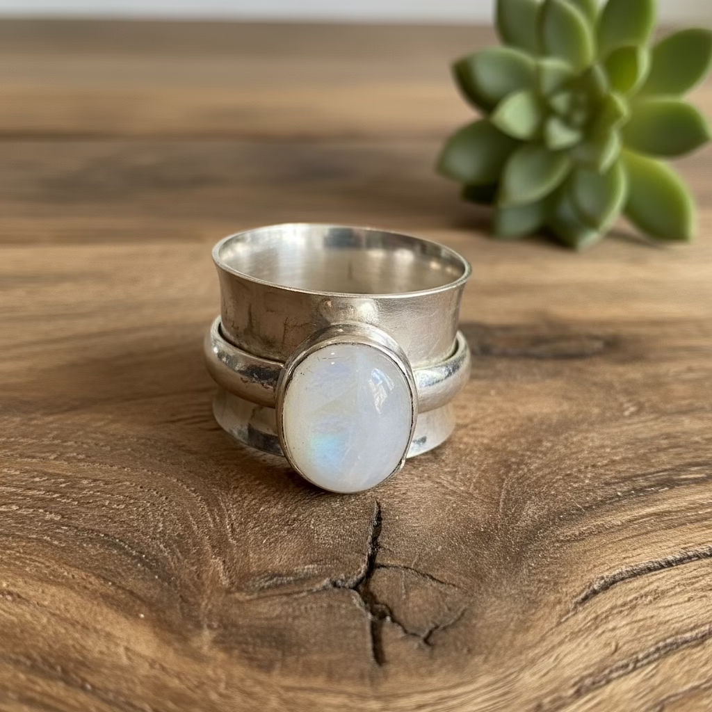 moonstone spinner ring in sterling silver (size 7.75)