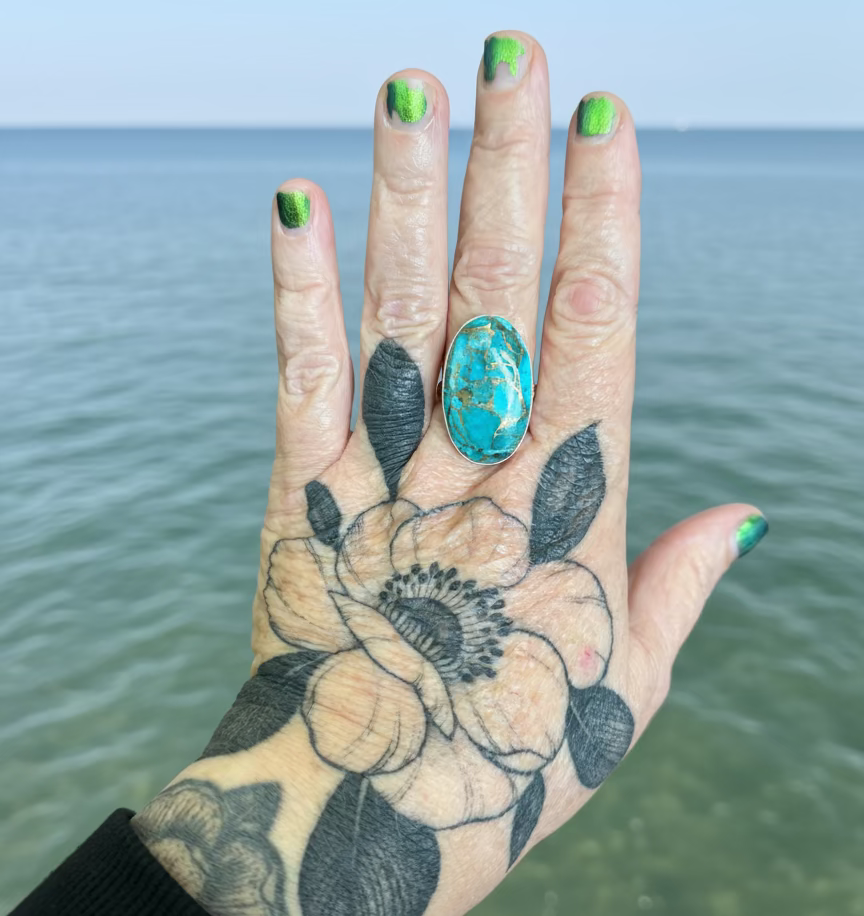 copper turquoise ring in sterling silver (size 9.5)