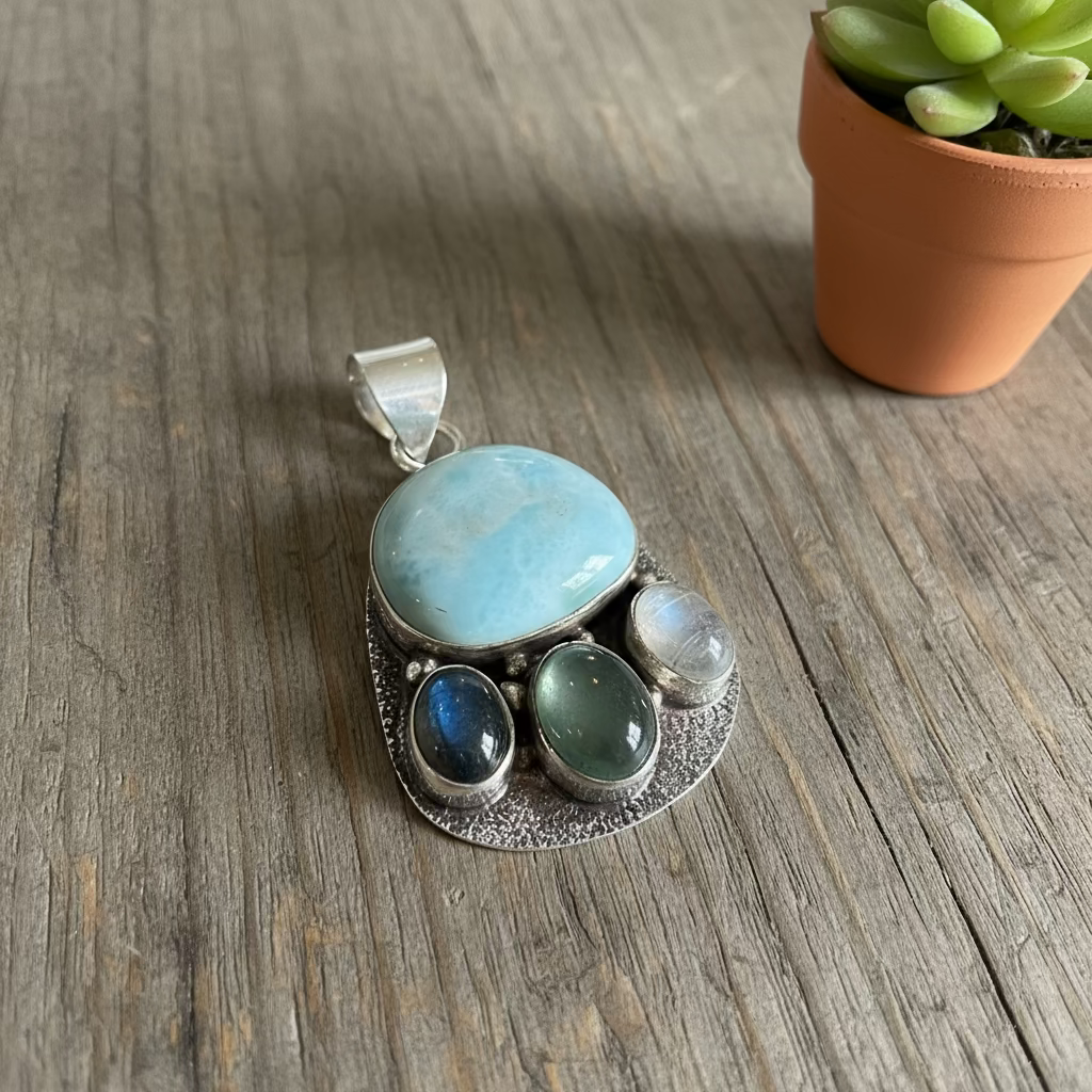 larimar with aquamarine and labradorite pendant in sterling silver