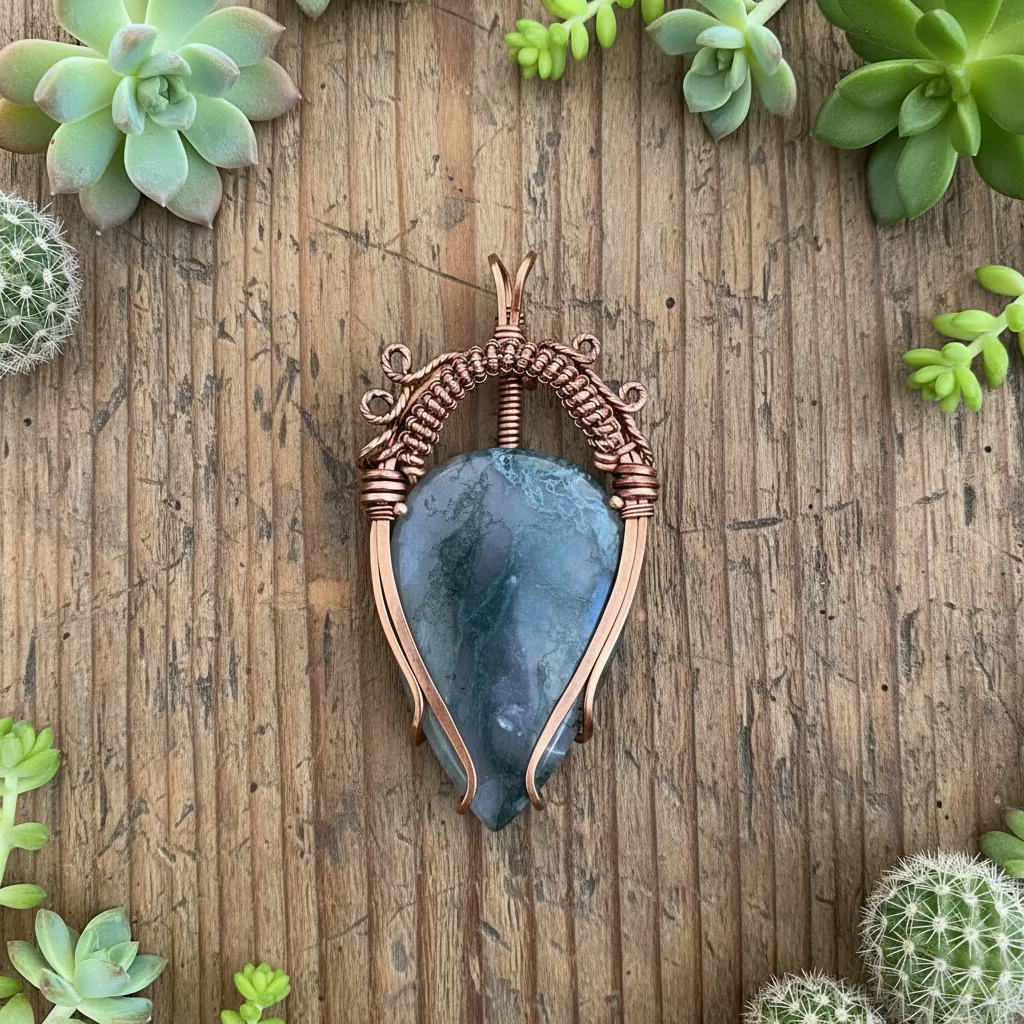 handmade copper-wrapped moss agate pendant