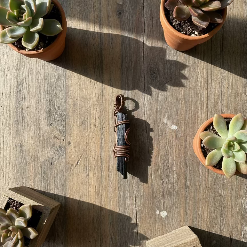 handmade copper-wrapped black tourmaline pendants