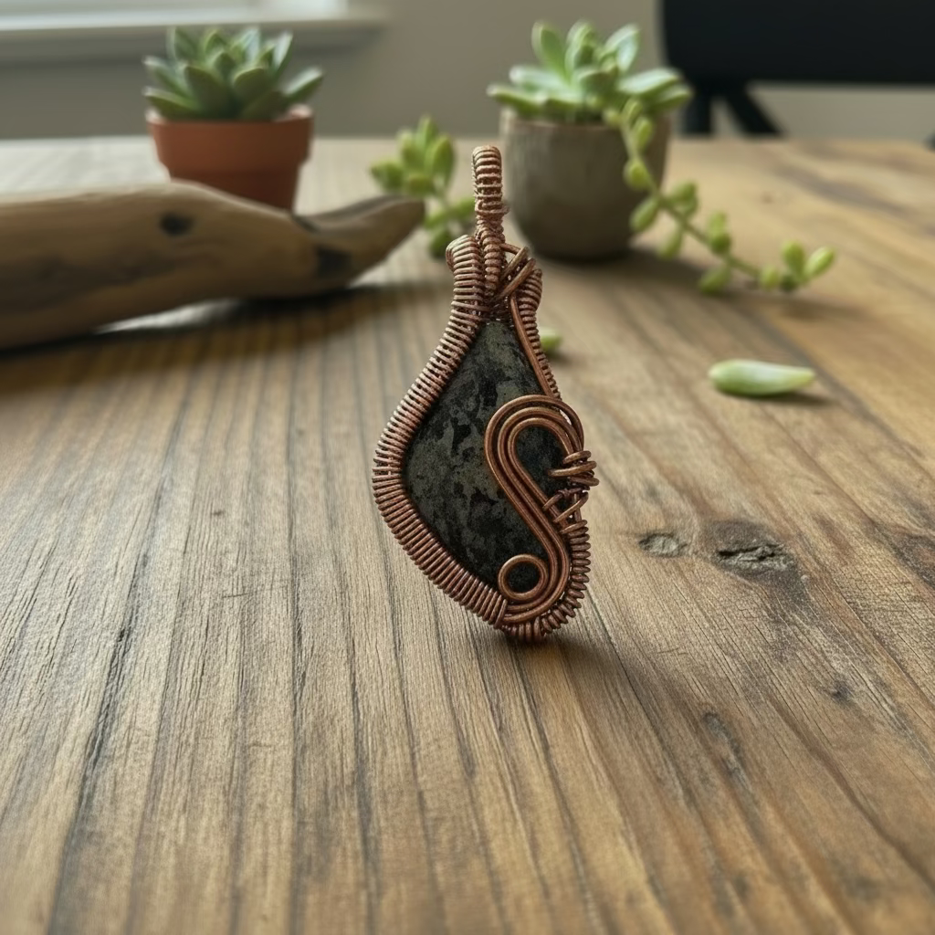 handmade copper-wrapped pietersite pendant