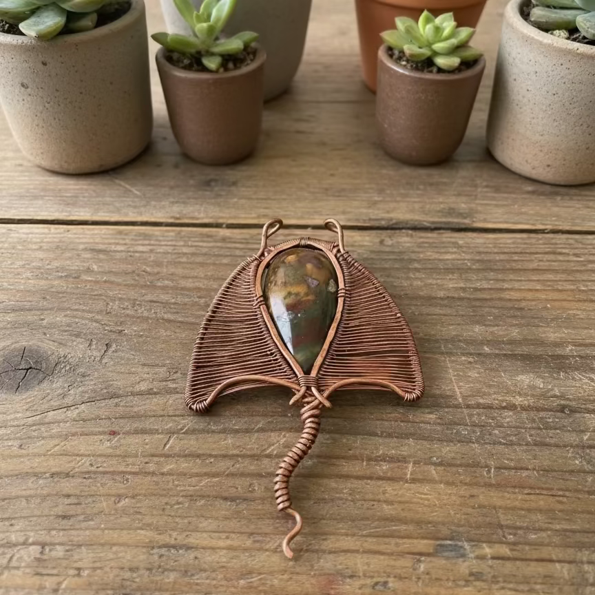 handmade copper-wrapped ocean jasper ray pendant