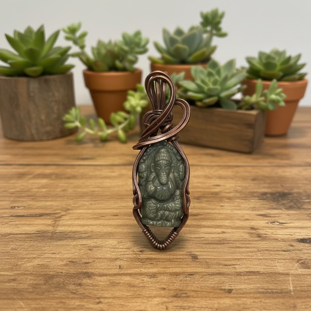 handmade copper-wrapped labradorite Ganesha pendant