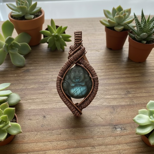 handmade copper-wrapped labradorite Buddha pendant
