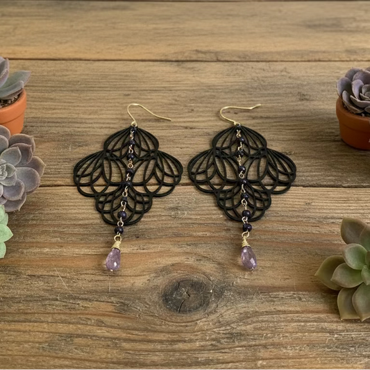 black metal earrings with sapphires and amethyst