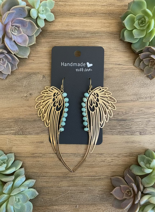 14K gold-filled angel wings earrings with beadwork