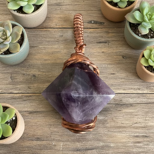 handmade copper-wrapped amethyst pyramid pendant
